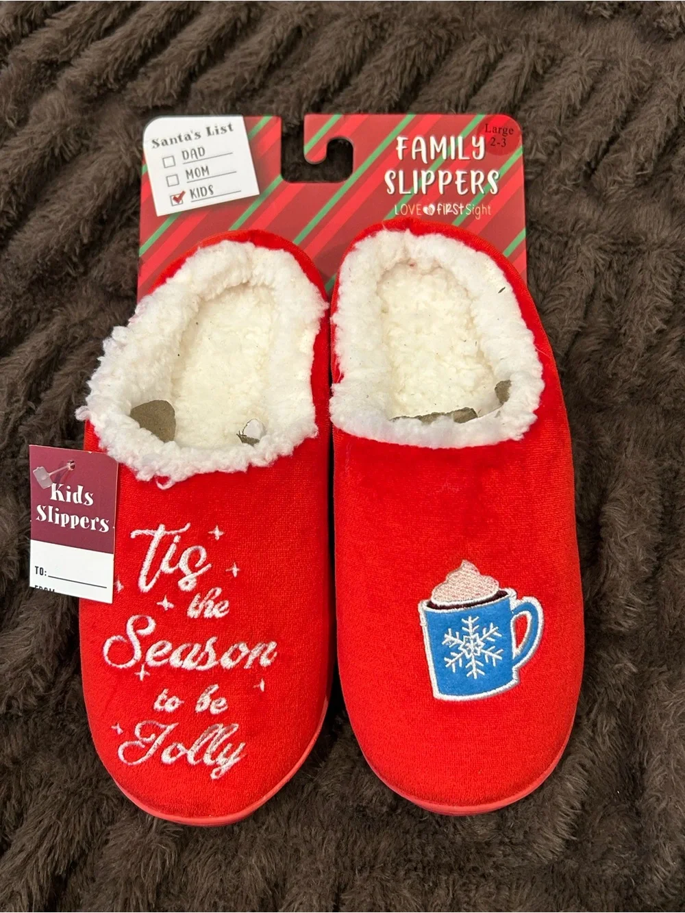 Kids Red Holiday Slippers with Sherpa Lining - 'Tis the Season to be Jolly